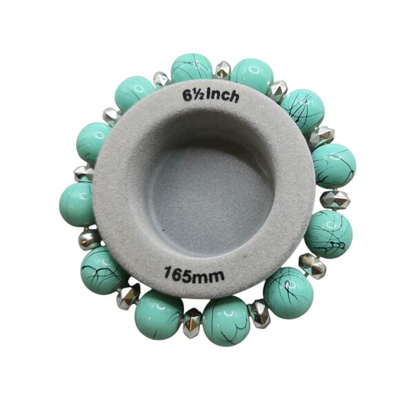 Aqua Blue Stretch Bracelet Black Lines Painted Round Shaped Acrylic Beads Adjust - Picture 2 of 6